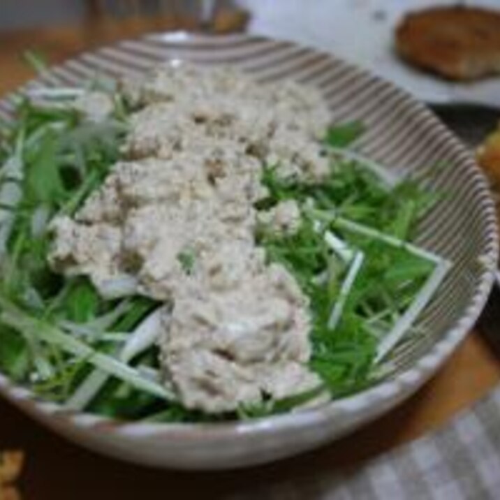水菜と玉ねぎのサラダ~豆腐のゴママヨソースのせ